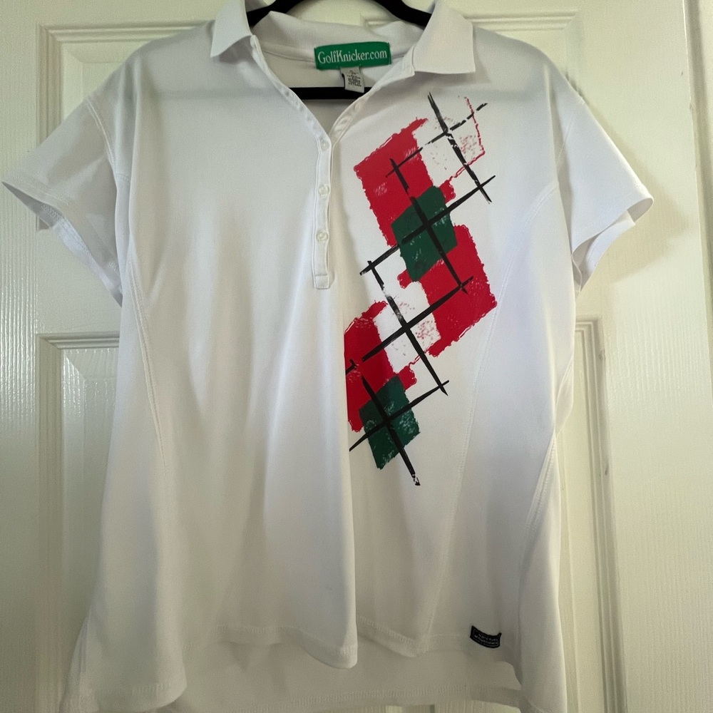 Lady Golf Polo Shirt with Red and Green Argyle Pattern